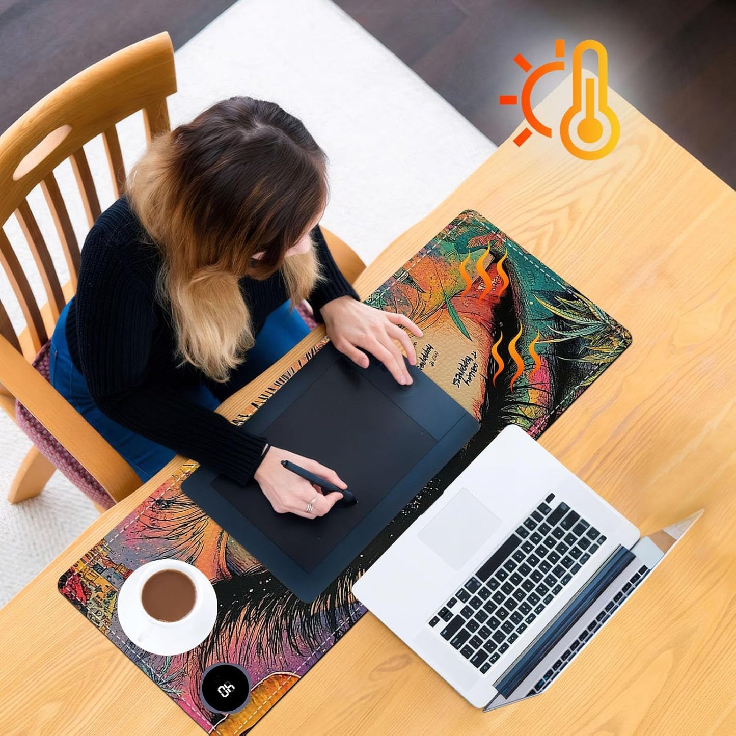 Heated Mouse Pad 31.5x13 in 3-Temp Fast Heating Desk Mat with Auto Timer Warmer for Hands Wrist Pain Relief Waterproof Keyboard Mat for Office, Gaming, Home, Colorful Eye Art