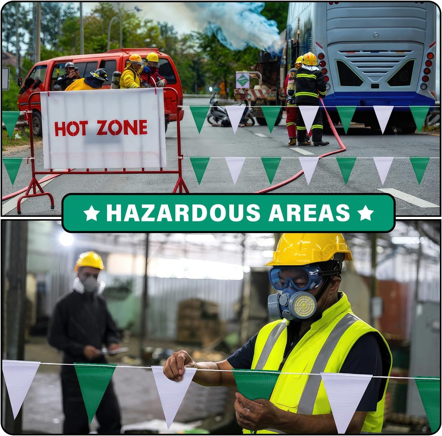 105ft Green and White Pennant Banner Flag, 7"x10" Fluorescent Safety Flagging Banner Warning Flag for Construction Site/Boundary Barrier Signs, Perimeter Marking Flags on String, 45 Flags