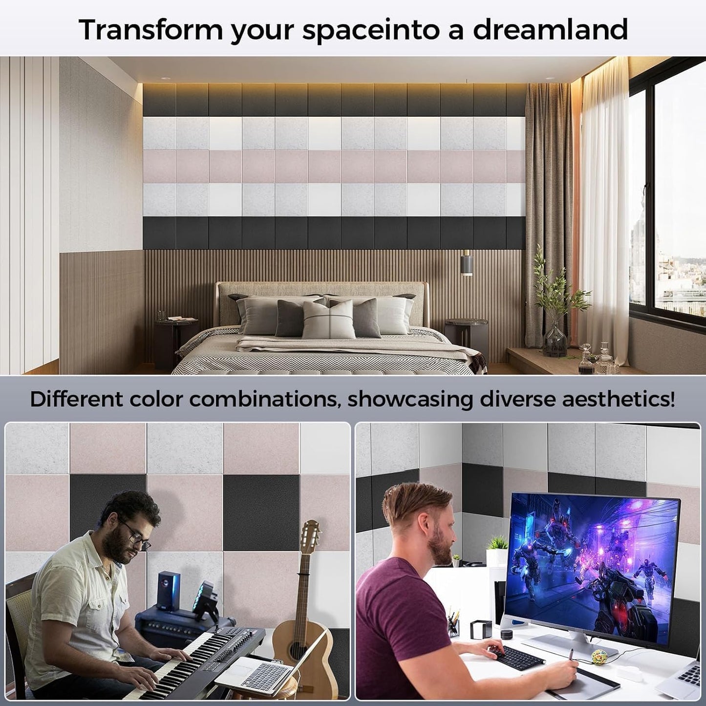10 pcs 165dtex Microfiber Acoustic Panels ,Self-Adhesive Soundproof Wall Panels, 12 x 12 x 0.4 in Sound Proof Foam Panels for Walls, High Density, Noise Dampening Panels for Home Studio(Black)