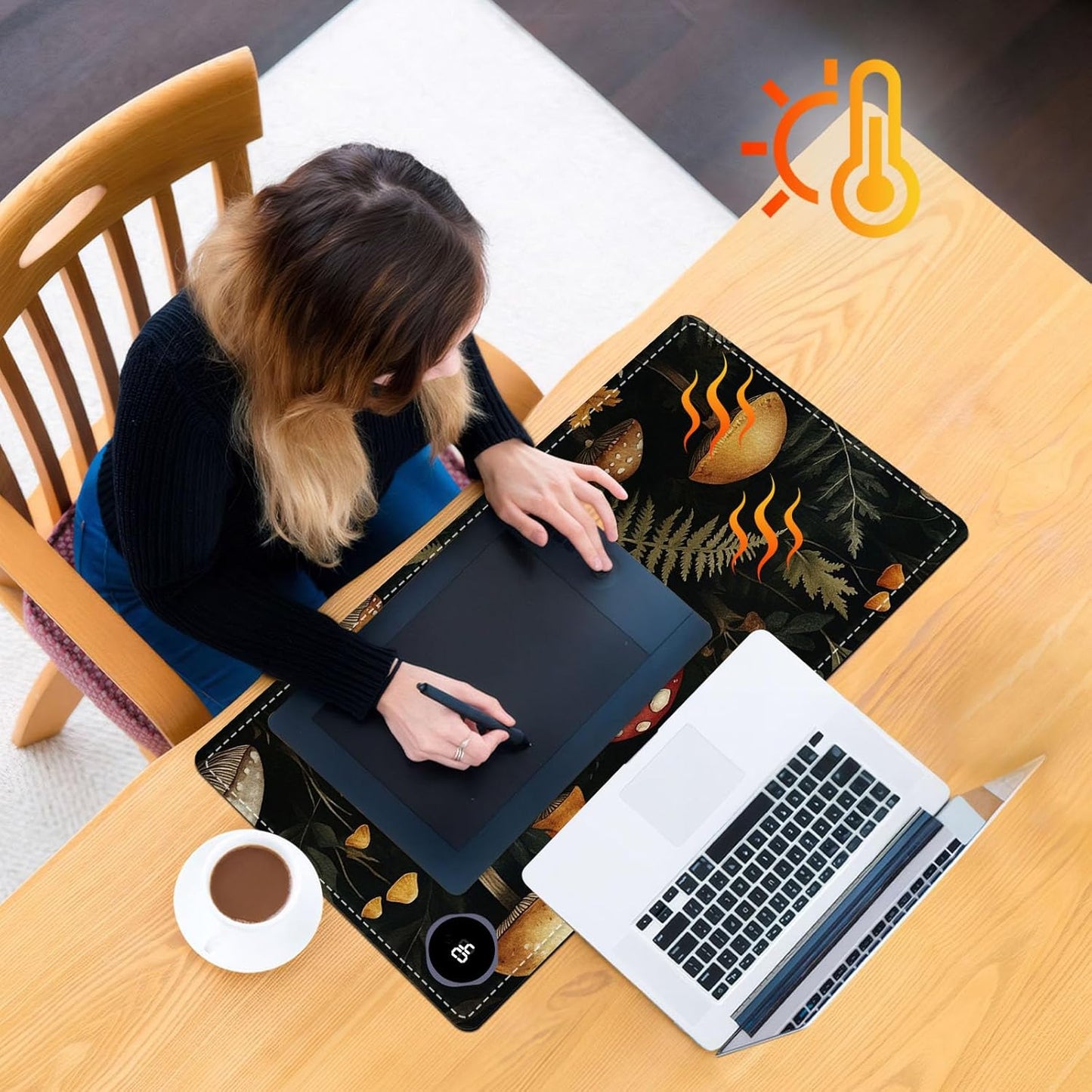 Heated Mouse Pad 23.6 x 14 in 3-Temp Fast Heating Desk Mat with Auto Timer Warmer for Hands Wrist Pain Relief Waterproof Keyboard Mat for Office, Gaming, Home, Mushroom Forest