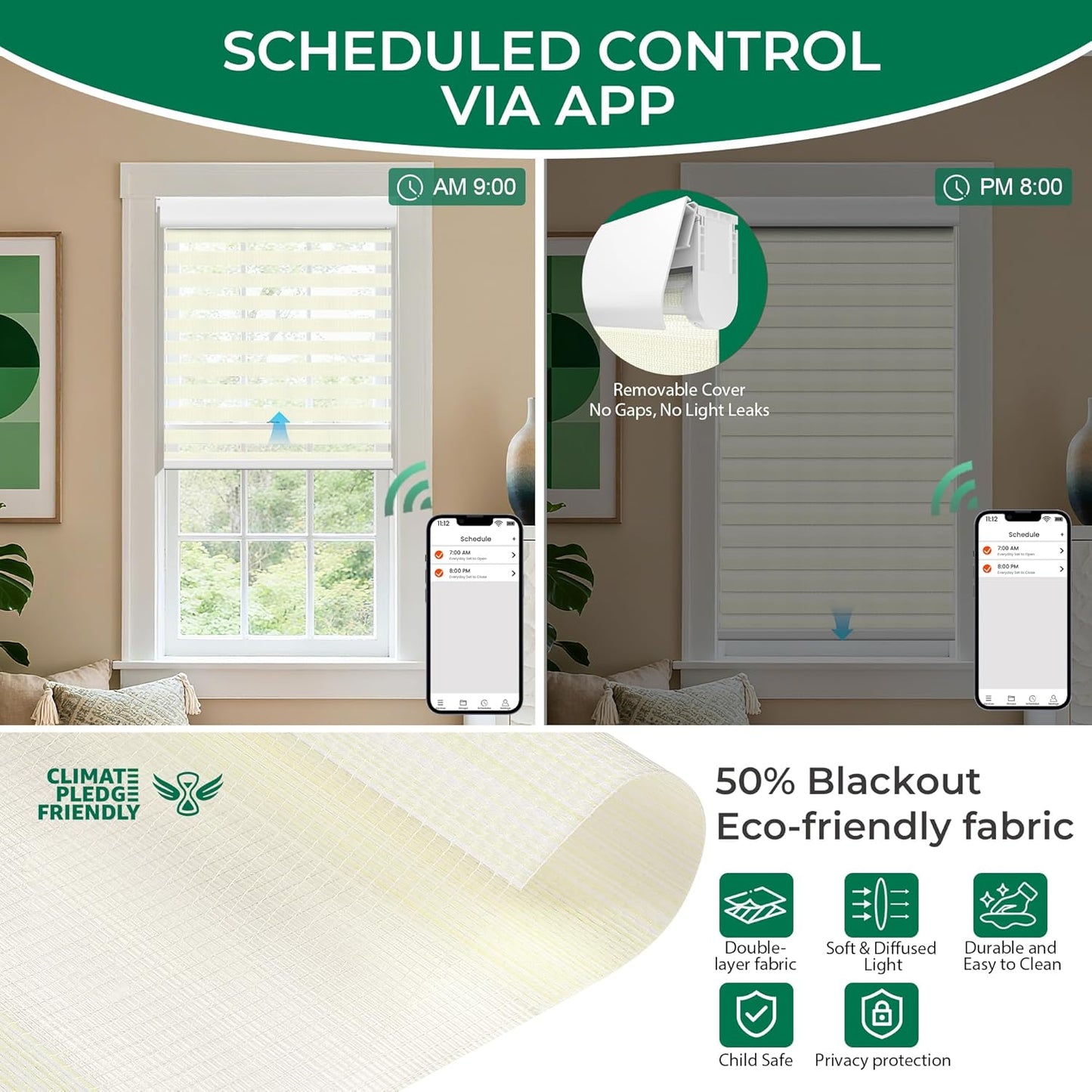 Allesin No Drill Motorized Zebra Blinds – Rechargeable Smart Dual Layer Shades with Cassette Cover, Ultra-Quiet Motor, Automatic Blind with Remote for Indoor Windows (Pearl White 34.5" W x 72" H)