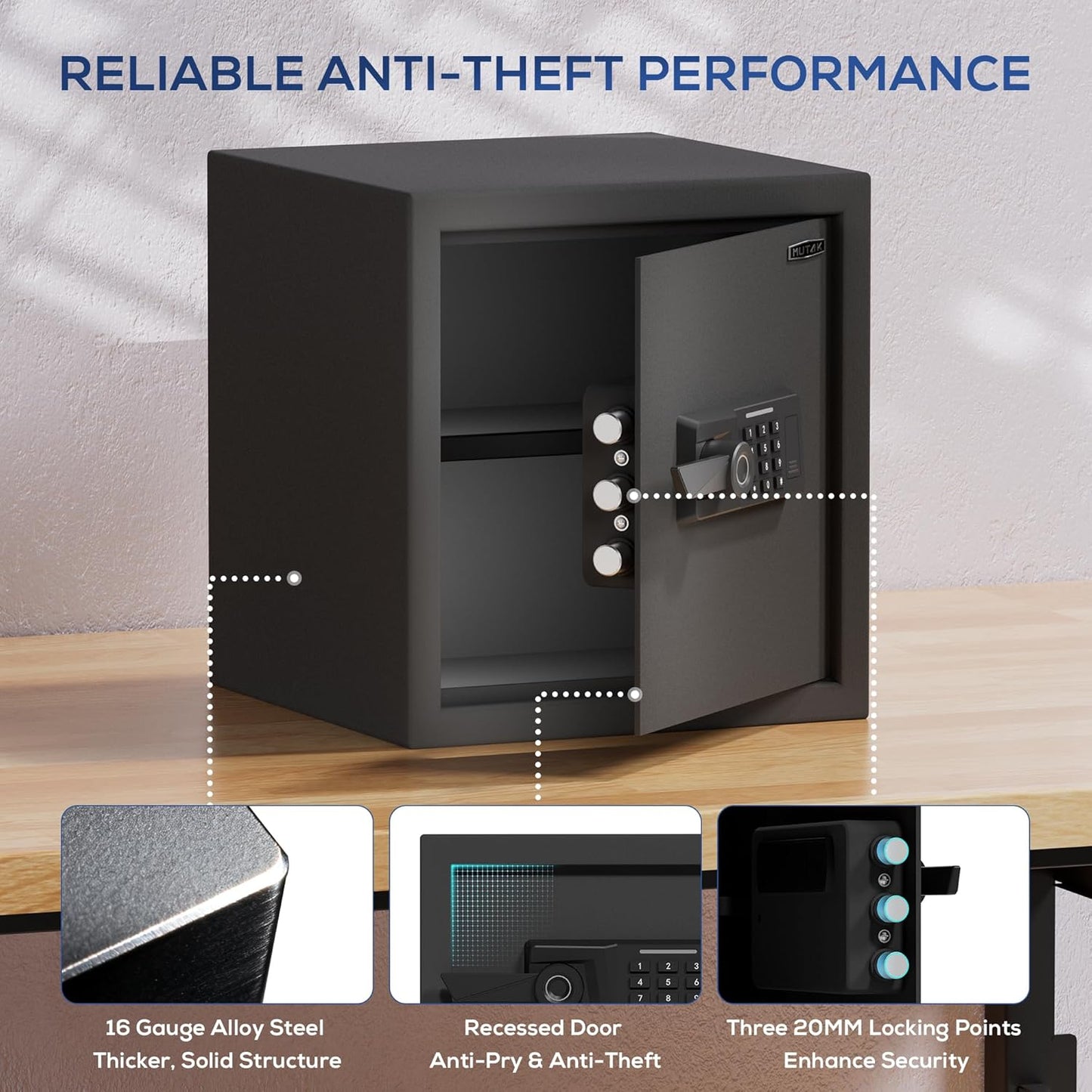 1.5 Cub Biometric Safe Box with Fireproof Bag, Quick-Access Fingerprint with Keys, Digital Keyboard, Type-C Port, Dual Alarm System Safety Box for Home, Office, Hotel Use(Black)