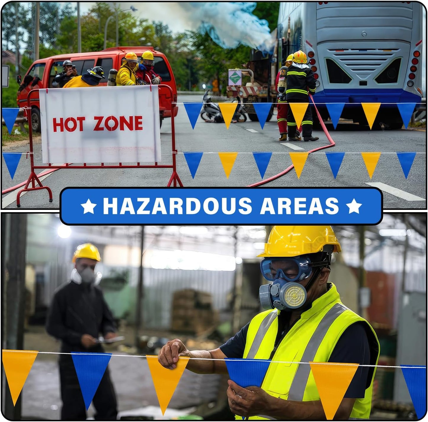 105ft Blue and Yellow Pennant Banner Flag, 7"x10" Fluorescent Safety Flagging Banner Warning Flag for Construction Site/Boundary Barrier Signs, Perimeter Marking Flags on String, 45 Flags