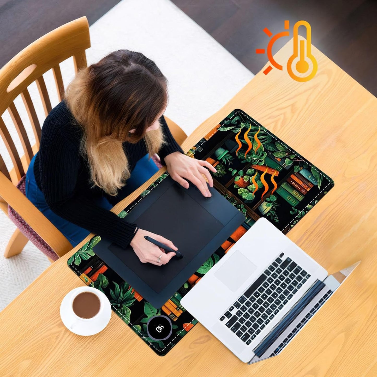 Heated Mouse Pad 23.6 x 14 in 3-Temp Fast Heating Desk Mat with Auto Timer Warmer for Hands Wrist Pain Relief Waterproof Keyboard Mat for Office, Gaming, Home, Bookshelf Jungle