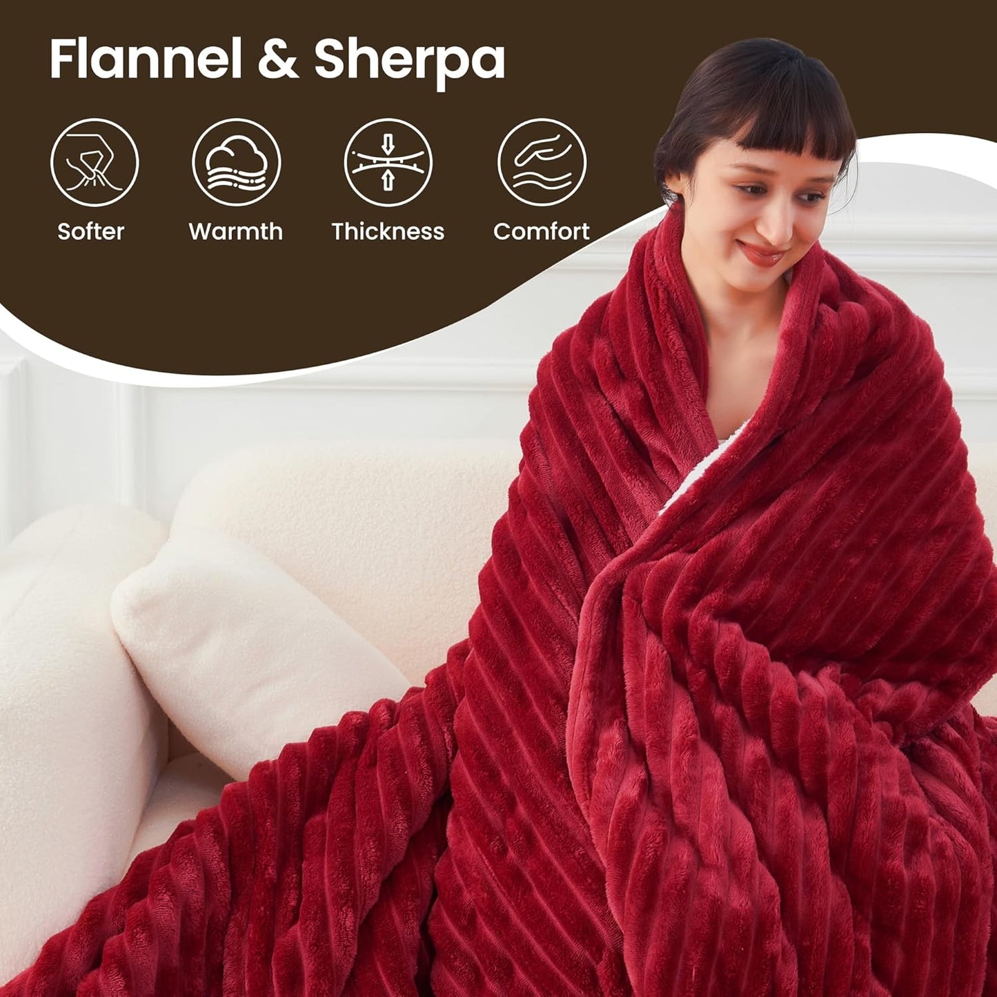 Heated Blanket Electric Blanket 62"x84", Soft Flannel Sherpa Electric Throw with 5 Heating Level & 12 Times Setting, Heated Throw with Overheating Protection, Machine Washable (Red)