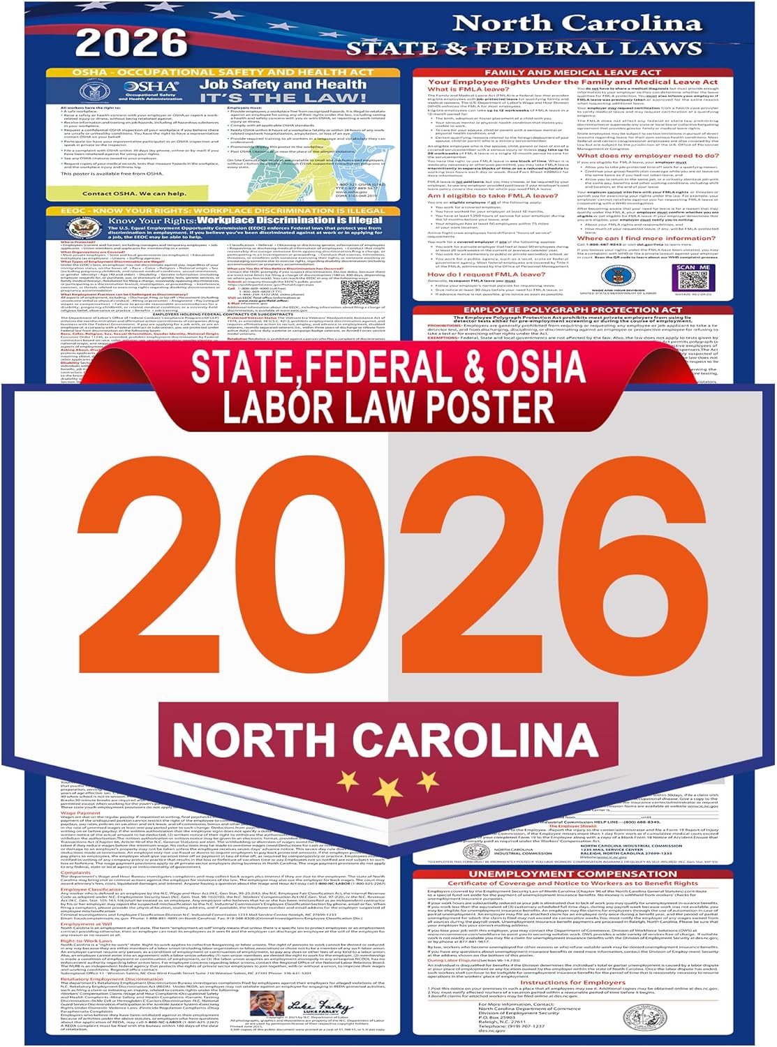 2026 North Carolina State Labor Law Poster - State, Federal and OSHA Compliant Laminated Poster - Workplace Required Posting for Employees