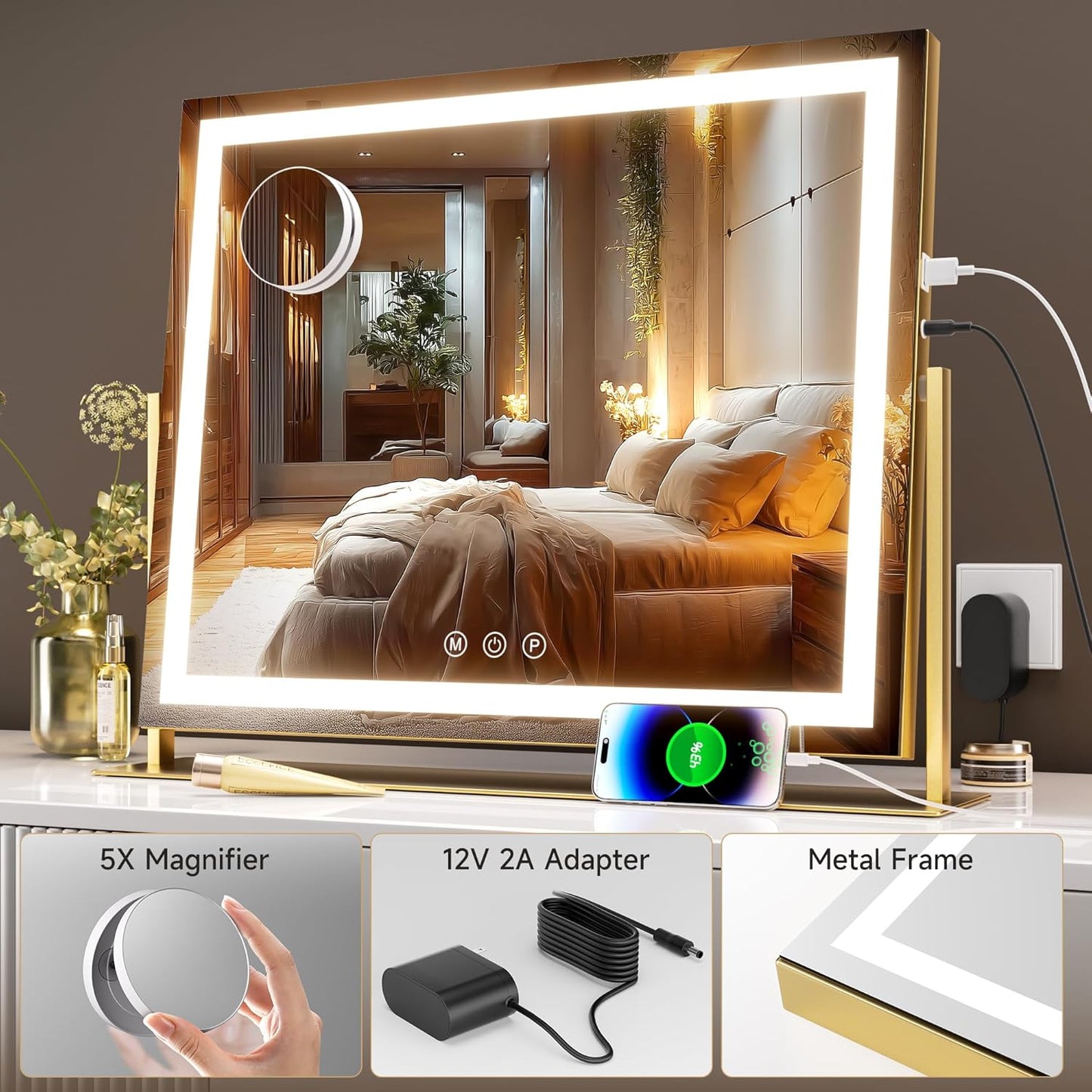Hasipu Vanity Mirror with Lights, 23.6" x 18.1" LED Makeup Mirror, Light up Mirror with 10X Magnification, USB Charging Port, Smart Touch 3 Colors Dimmable, 360ยฐ Rotation (Gold)