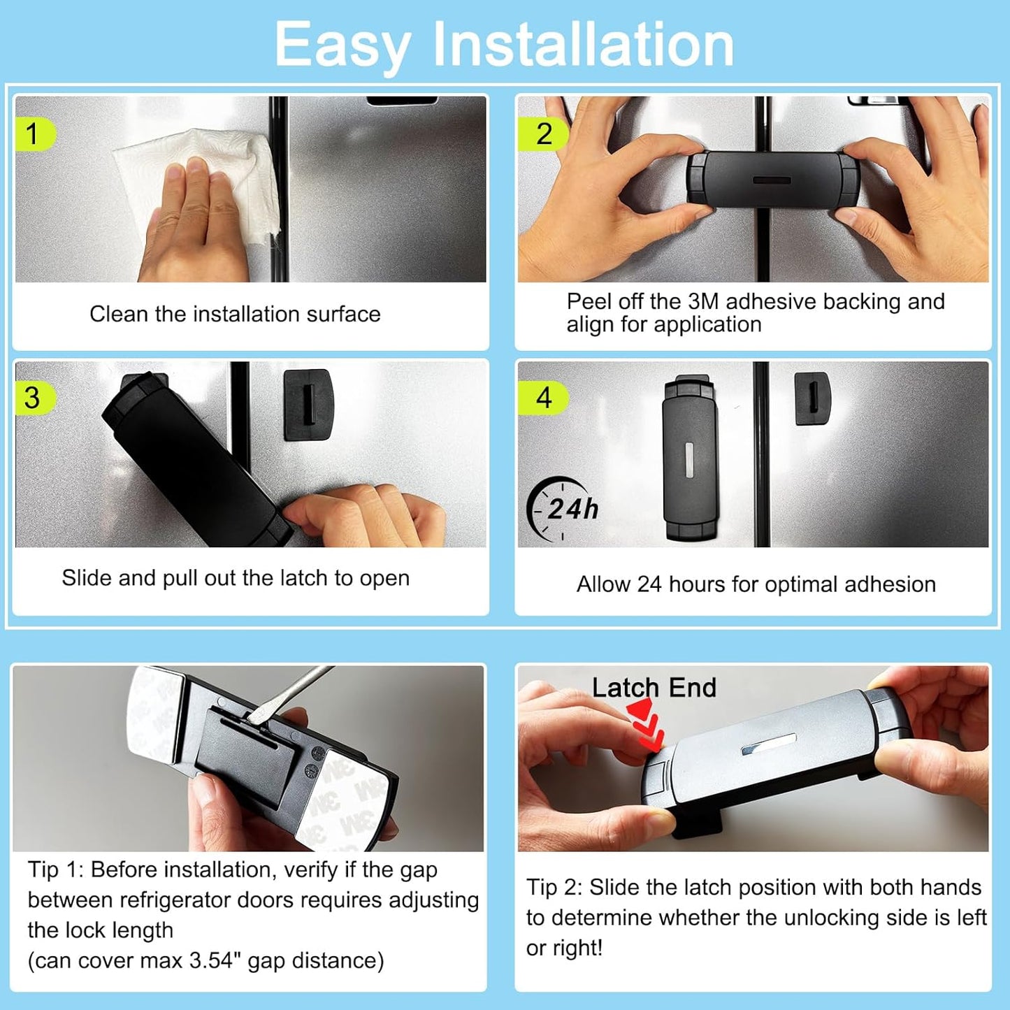 2 Pack Premium Child Safety Lock for French Fridge/Side-by-Side Refrigerator/Double Door Freezer or Cabinet, Adjustable Width & Easy to Install (Black)