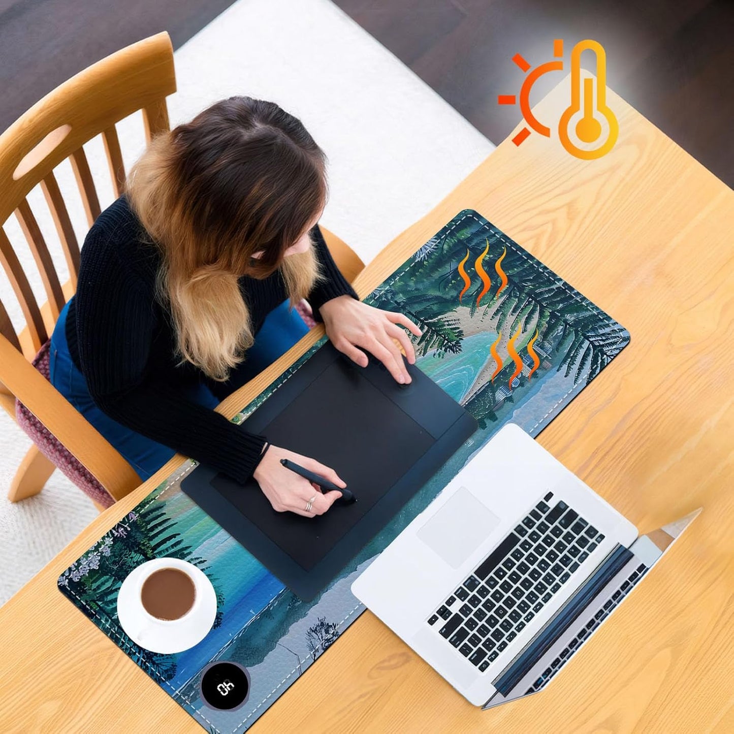 Heated Mouse Pad, Warm Desk Pad, Keyboard Mat 31.5 x 13 Inch Large Size Intelligent Fast Heating, 3 Speed Adjustable, Timed Auto Power Off for Game Office Home,Blue Sea Level Beach Woods