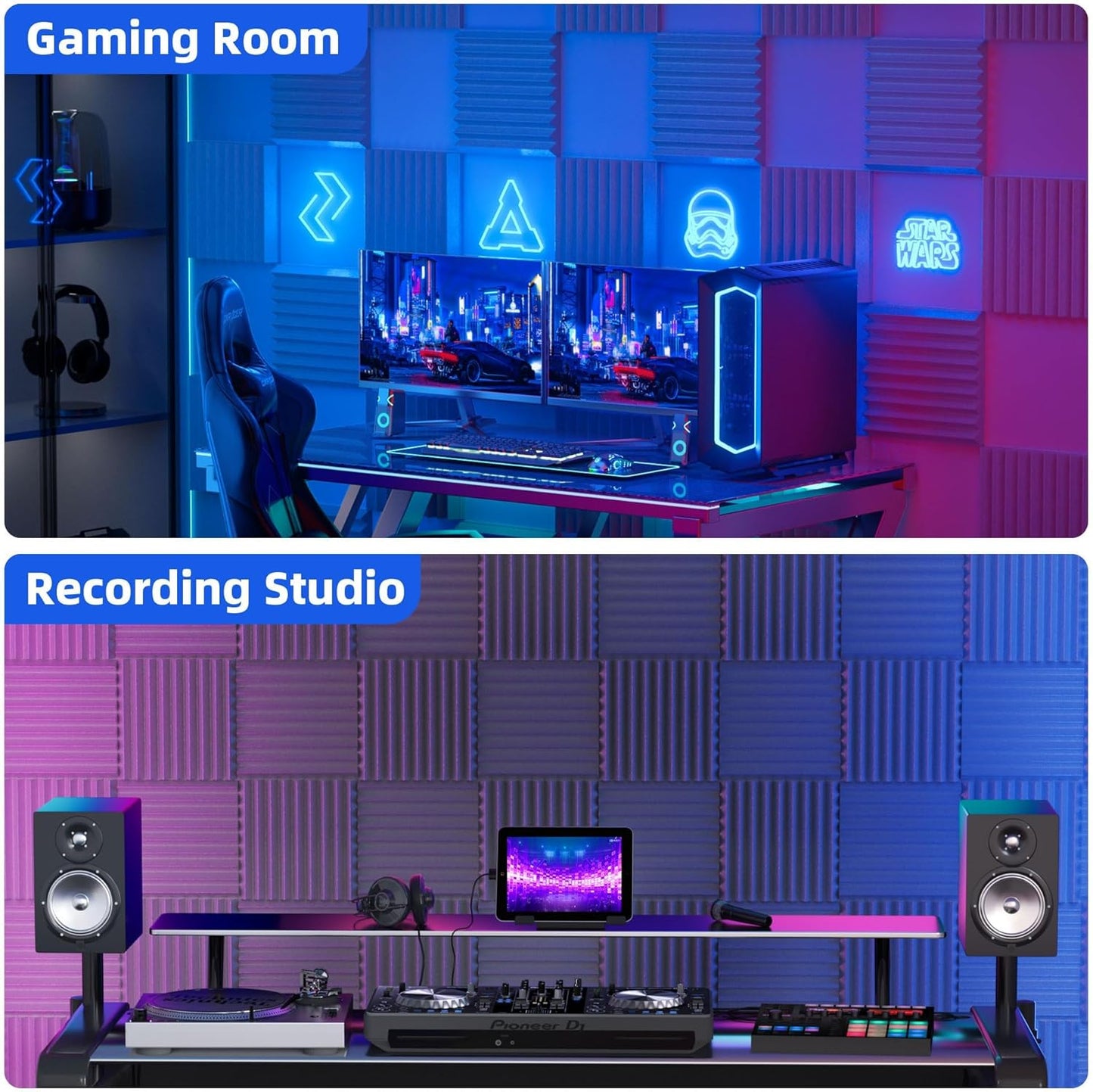 12 Pack Sound Proof Foam Panels for Wall with Self Adhesive, 3" X 12" X 12" High Density Acoustic Panels Sound Absorbing Quick-Recovery, Wedges Soundproof Wall Panels for Gaming & Studio Decor - Gray