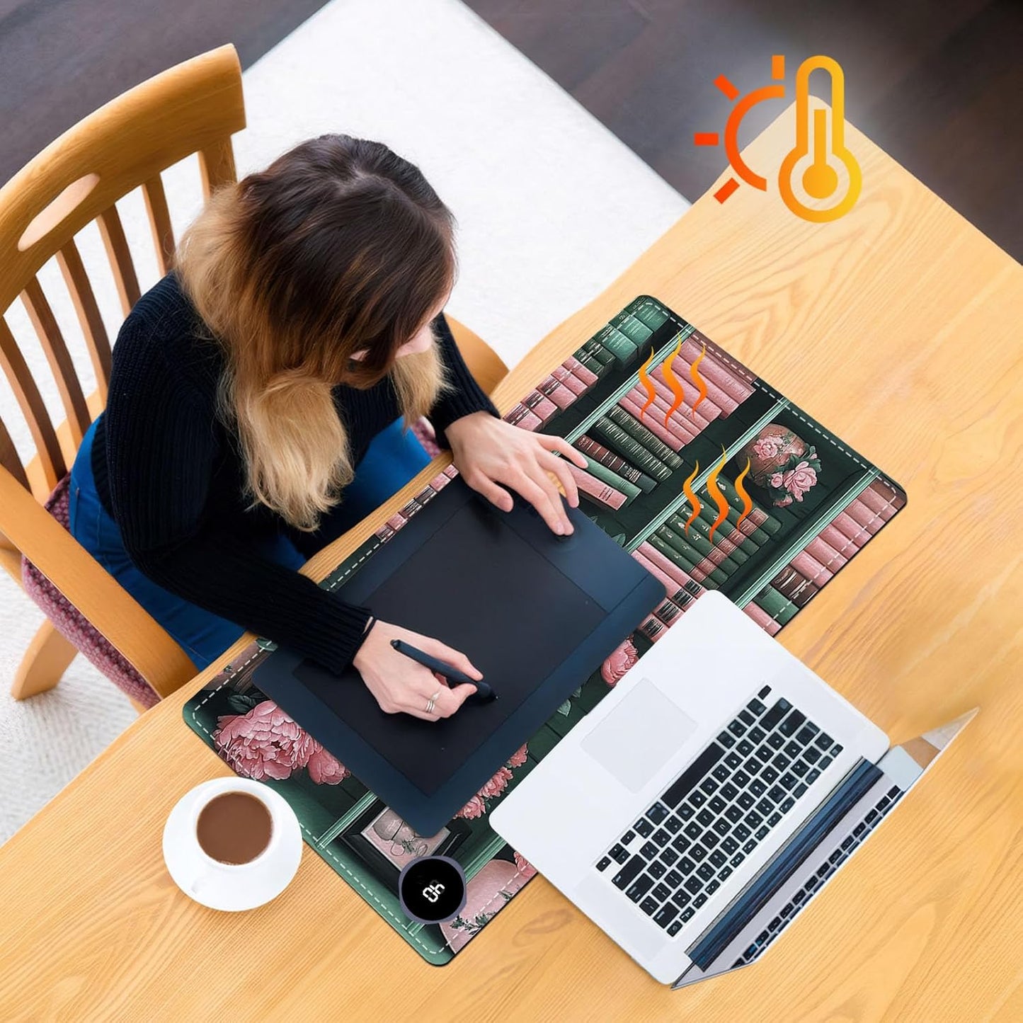 Heated Mouse Pad 23.6 x 14 in 3-Temp Fast Heating Desk Mat with Auto Timer Warmer for Hands Wrist Pain Relief Waterproof Keyboard Mat for Office, Gaming, Home, Vintage Floral Bookshelf