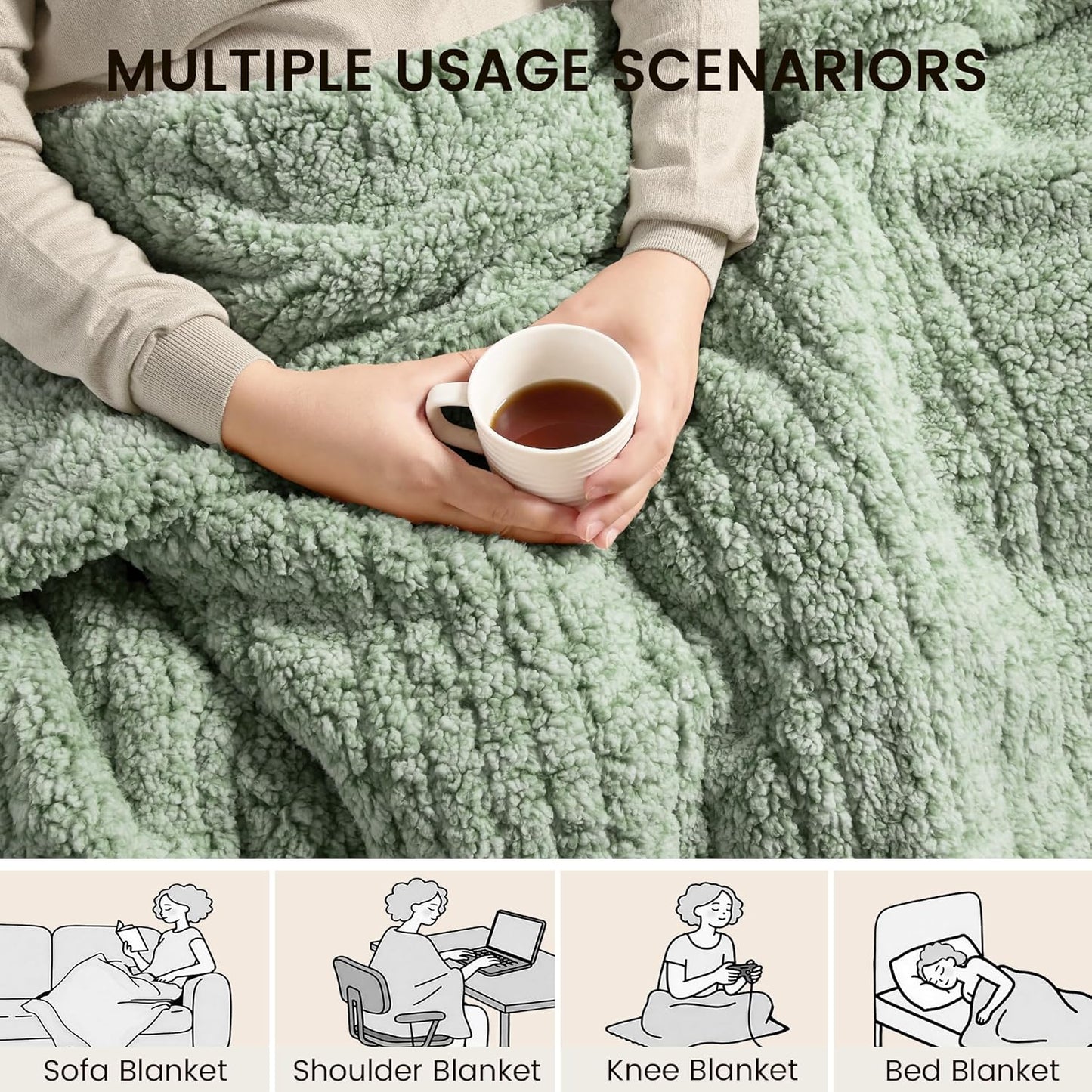 Heated Blanket Electric Blanket Queen - Fast Heating Blanket Throw Dual Control Double Sided Sherpa with 6 Heating Levels & 1-10 Hours Auto Off, Mashine Washable, 84 x 90 Inches, Sage