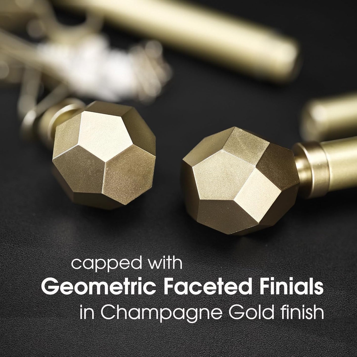1-1/8 Inch Diameter Champagne Gold Curtain Rod with Geometric Faceted Finials, 72-144'' Telescoping Single Curtain Rods for window width 68-140 inch, 1 pack
