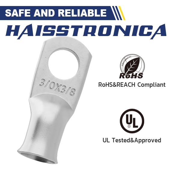 haisstronica 10pcs 3/0 AWG - 3/8"(M10) Tinned Copper Battery Lugs, Heavy Duty Wire Lugs with 10pcs 3:1 Adhesive Heat Shrink Tubing, 000 Gauge Wire Lugs, Tinned Copper Battery Cable Ends