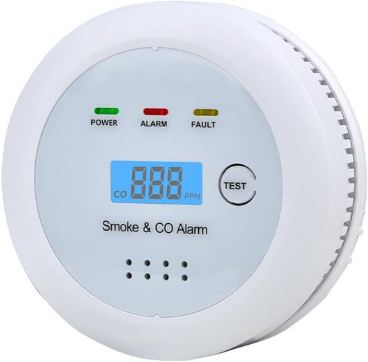 2 in1 Smoke Detector Carbon Monoxide Detector Combo,with LCD Digital Display and Sound Warning Test Button，Battery Powered，Easy Installation, for Home, Bedroom, Kitchen (1PACK)