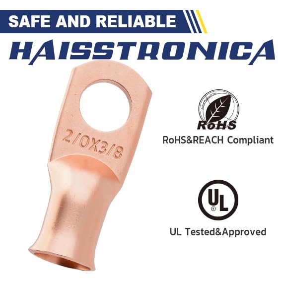 haisstronica 10pcs 2/0 AWG - 3/8"(M10) Battery Cable Lugs, Heavy Duty Copper Wire Lugs with 10pcs 3:1 Adhesive Heat Shrink Tubing, 00 Gauge Copper Lugs, Battery Terminal Connector, Battery Cable Ends