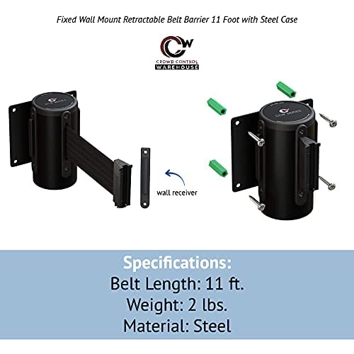 Crowd Control Warehouse - CCW Series WMB-120 Fixed Wall Mount Retractable Belt Barrier - 11 Foot, Black & Red Diagonal Stripes Belt with Black Steel Case, Crowd Control Barriers