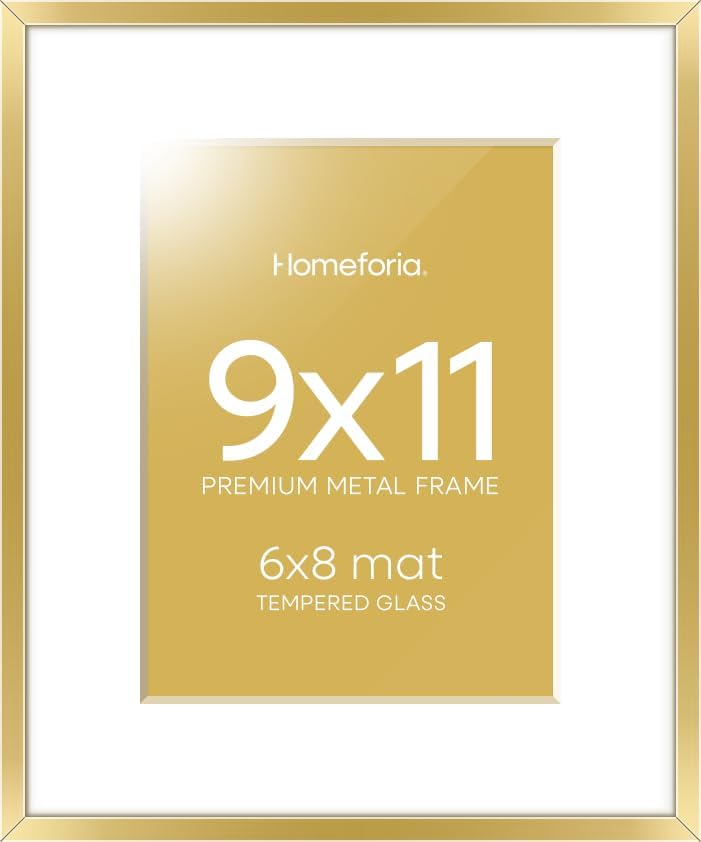 Homeforia 9x11 Gold Frame, High End Metal 9 x 11 Picture Frames with Mat 6 by 8 inch Photo, 9by11 Thin Poster Frame Matted to 6x8 Print, 11x9 Wall or Tabletop Frame, Tempered Glass, Wall Kit, Set of 1