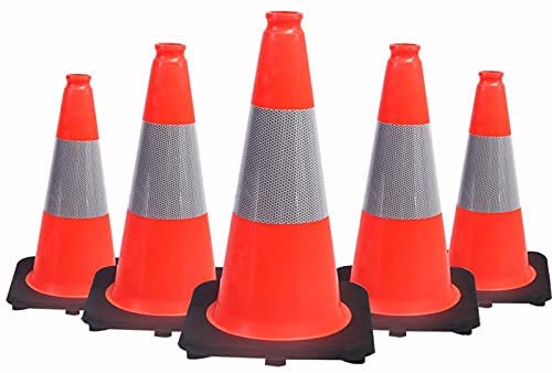 (5 Cones) BESEA 18" inch Orange PVC Cones Traffic Safety Cones Black Base Construction Road Parking Cone with 6" Reflective Collar