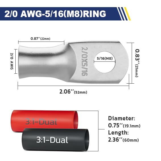 haisstronica 10pcs 2/0 AWG - 5/16"(M8) Tinned Copper Battery Lugs, Heavy Duty Wire Lugs with 10pcs 3:1 Adhesive Heat Shrink Tubing, 00 Gauge Wire Lugs, Tinned Copper Battery Cable Ends