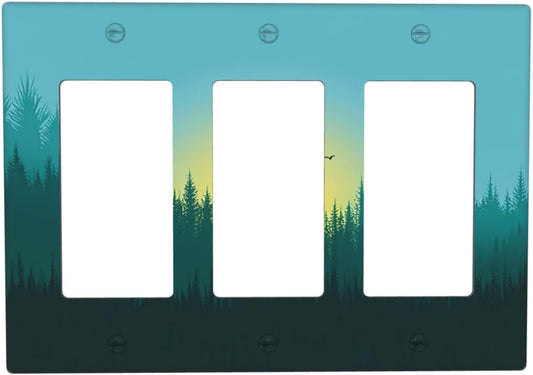 Green Forests And Birds Sun Woodland Light Switch Covers 3 Gang Rocker Decorative Triple Outlet Wall Plate Cover Electrical GFCI Switchplate for Bedroom Bathroom Decor