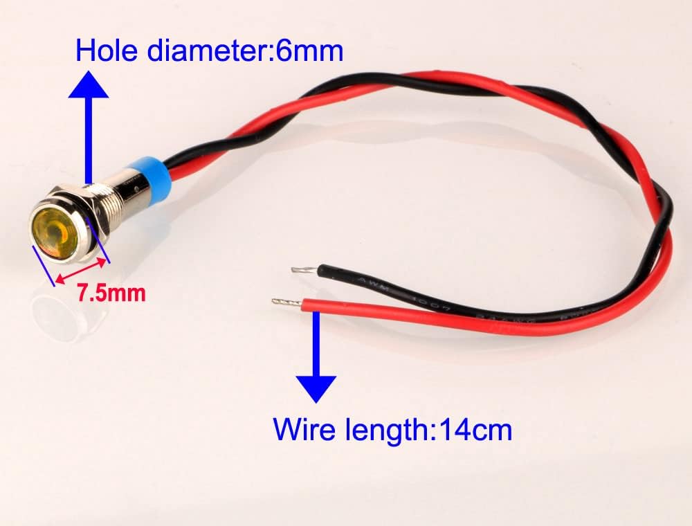 10pcs 6mm Waterproof Wired LED Indicator Light AC/DC 12-24V (Yellow)