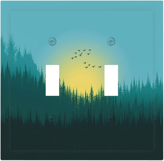 Green Forests And Birds Sun Woodland Decorative Switch Plates 2 Gang Double Toggle Outlet Light Switch Cover Wall Plate Electrical Faceplate for Bedroom Bathroom Decor