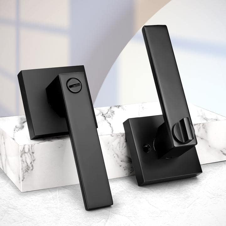 Probrico Interior Black Door Handle, Heavy Duty, Flat Square Privacy Door Handles, Keyless Door Levers Lockset for Bedroom and Bathroom (1 Pack, Modern)