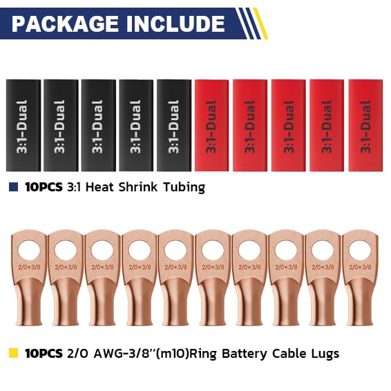haisstronica 10pcs 2/0 AWG - 3/8"(M10) Battery Cable Lugs, Heavy Duty Copper Wire Lugs with 10pcs 3:1 Adhesive Heat Shrink Tubing, 00 Gauge Copper Lugs, Battery Terminal Connector, Battery Cable Ends