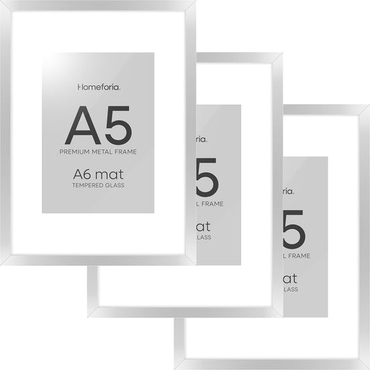 Homeforia A5 Picture Frame Silver, High End Metal 5.8 x 8.3 Frame Matted to 4.1 x 5.8 Art, A5 Frame with Mat A6, 5.8x8.3 Poster Frames, 8.3x5.8 Size Display Frames, Tempered Glass, Wall Kit, Set of 3