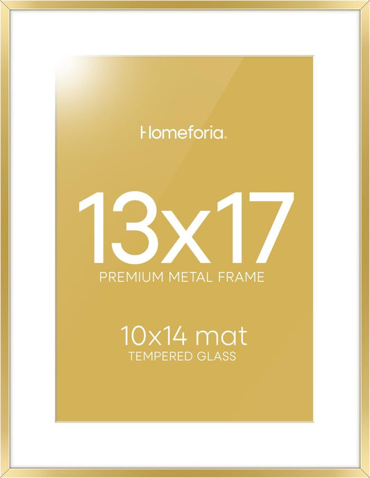 Homeforia 13x17 Picture Frame Gold, High End Metal 13x17 Poster Frames with Mat 10x14 Photo, 13 x 17 Gold Frame Matted to 10 by 14 Print, 17by13 Thin Hanging Frames, Tempered Glass, Wall Kit, Set of 1