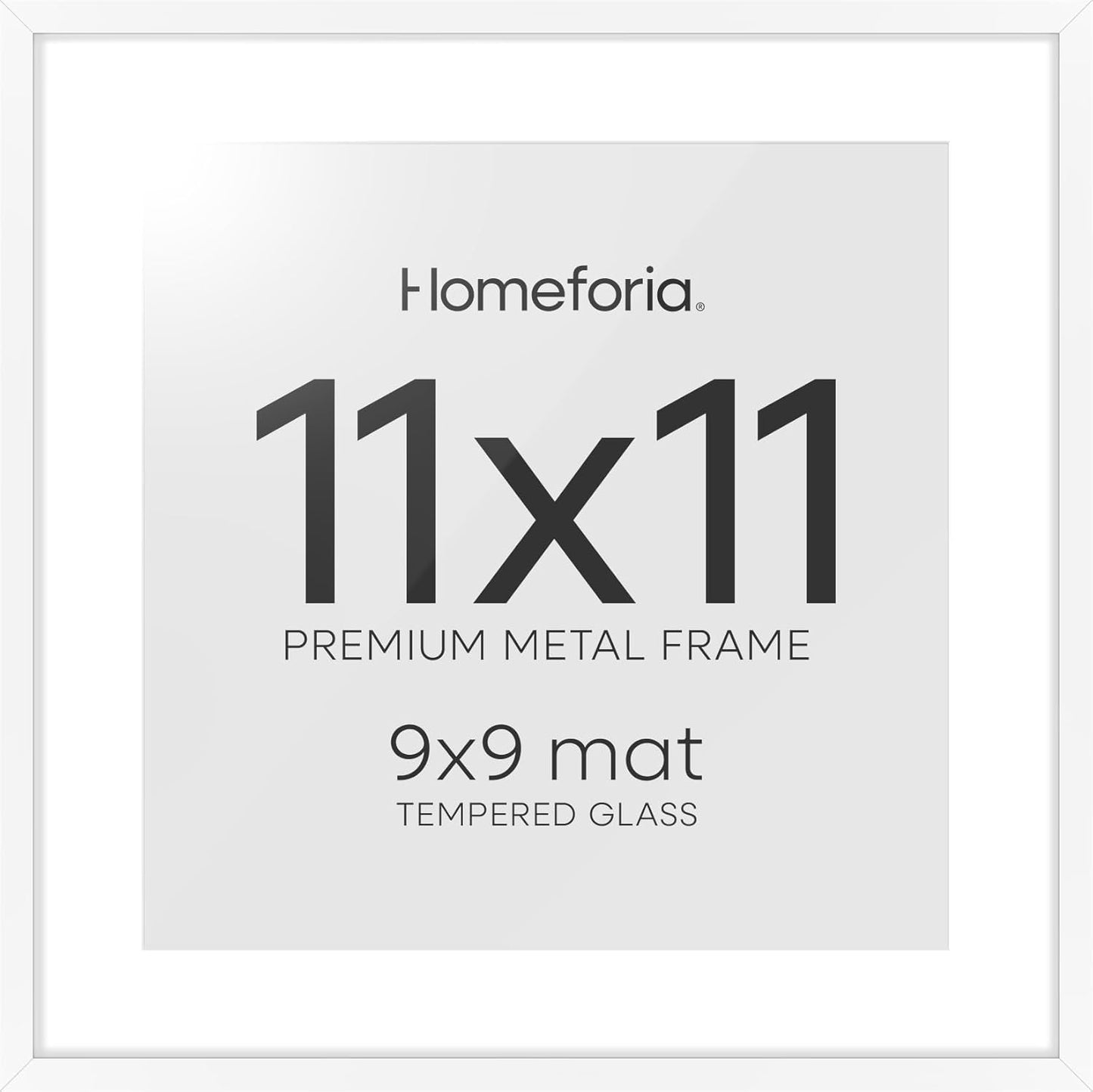 Homeforia 11x11 Picture Frame White, High End Metal 11 by 11 Square Frames with Mat 9 x 9 Opening, 11by11 Poster Frames Matted to 9x9 inch Photo, Wall Hanging Frame, Tempered Glass, Wall Kit, Set of 1