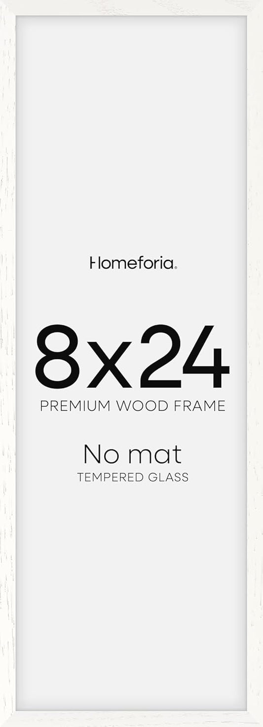 Homeforia 8x24 Panoramic Frame White, High End Oak 8 x 24 Picture Frames Wood without Mat, 24x8 Thin Hanging Wooden Poster Frame for Wall, 8by24 Display Photo Frame, Tempered Glass, Wall Kit, Set of 1