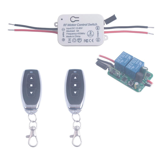 12V 24V 36V 48V DC Motor Remote Control Switch, 12V-80V 5A Wireless Relay Switches Receiver Controller with 2 Transmitters, Remote Controls Motor Move Forward and Reverse (DC 12V-80V/2* Controller)