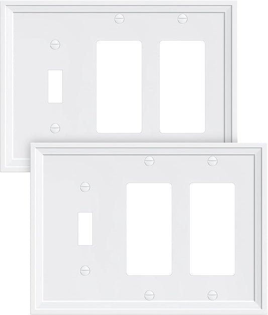 2-Pack Combo Toggle/Double Decorator Light Switch Cover Plate, Pure White Modern Decorative Electrical Outlet Covers, Bamboo Fiber Wall Switch Plates and Outlet Covers