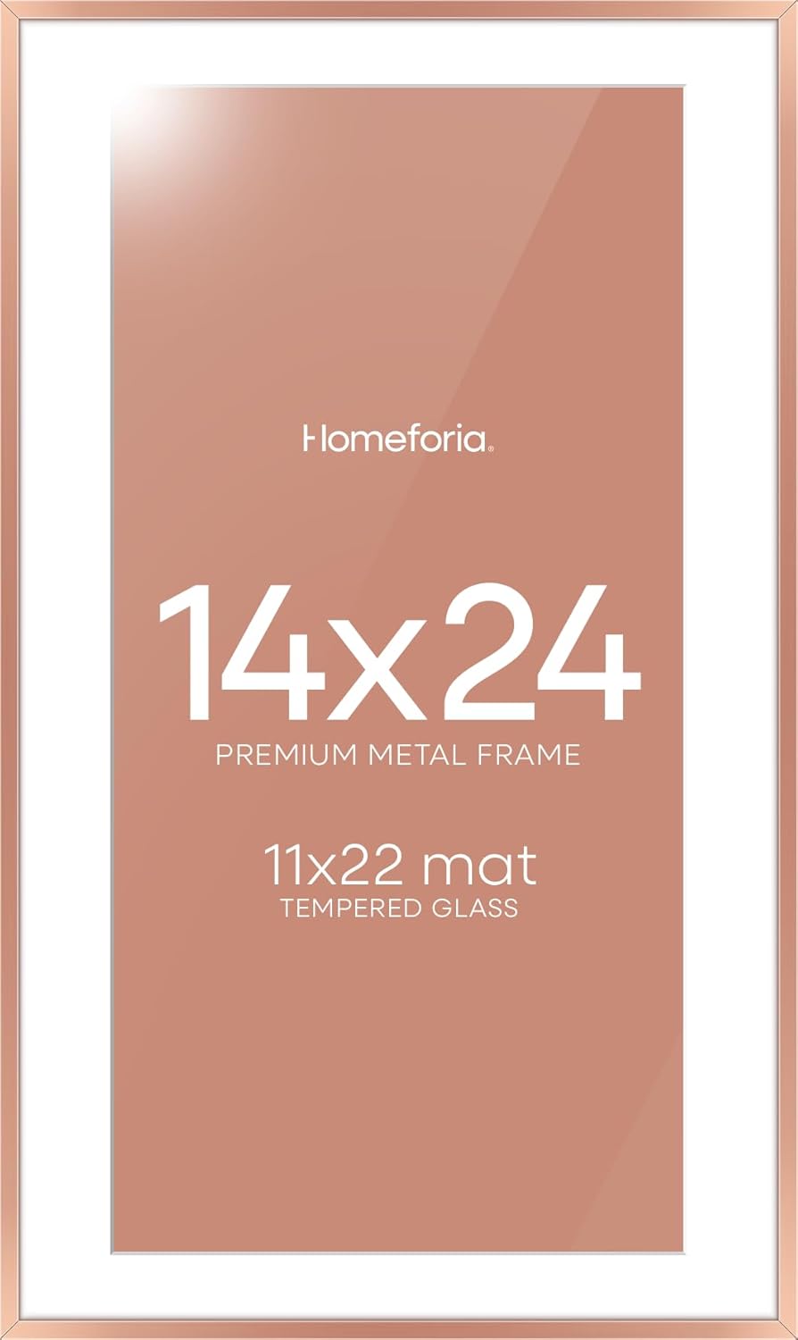 Homeforia 14x24 Picture Frame Rose Gold, High End Metal 14x24 Poster Frames with Mat 11x22 Photo, 14 x 24 Rose Gold Frame Matted to 11 by 22 Print, 24x14 Thin Frame, Tempered Glass, Wall Kit, Set of 1