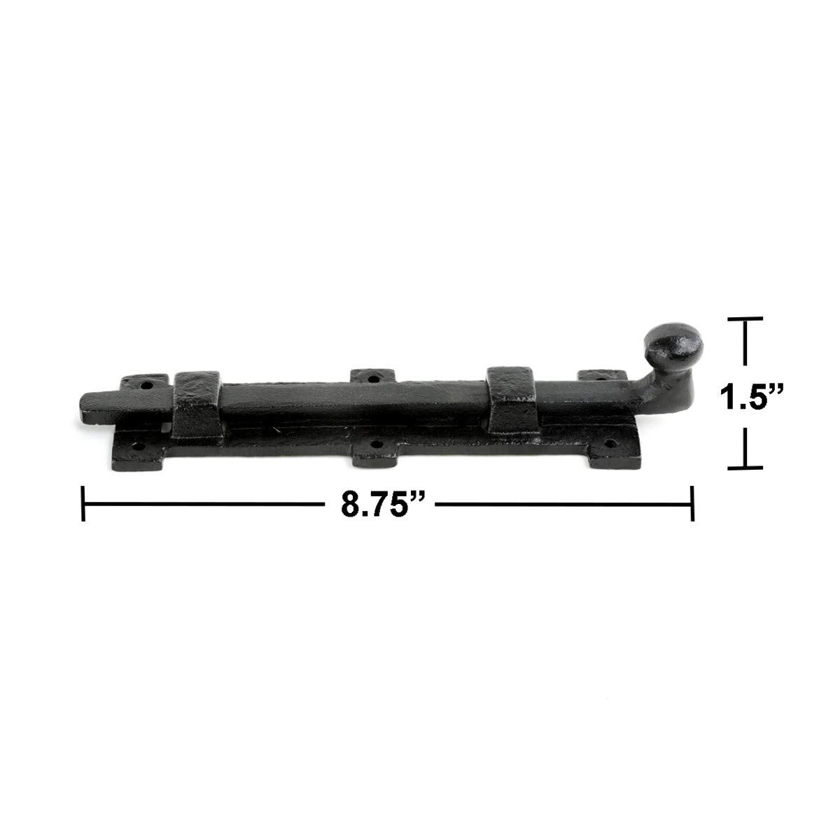Renovators Supply Manufacturing Slide Bolt Latch 8 3/4 in. Black Wrought Iron Ball Tip Style Slide Bolt with Mounting Hardware