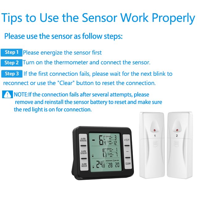 (New Version) AMIR Refrigerator Thermometer, Wireless Indoor Outdoor Thermometer, Sensor Temperature Monitor with Audible Alarm Temperature Gauge for Freezer Kitchen Home (Battery not Included)