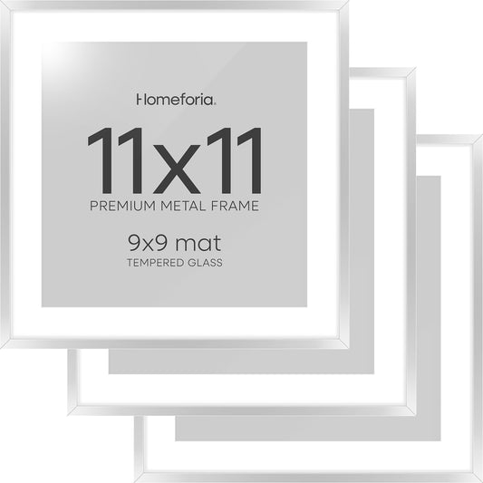 Homeforia 11x11 Picture Frame Silver, High End Metal 11 by 11 Square Frames with Mat 9 x 9 Photo, 11x11 Thin Poster Frame Matted to 9x9 inch Art, Wall Hanging Frame, Tempered Glass, Wall Kit, Set of 3