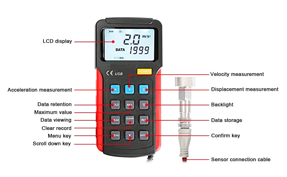 Handheld Vibration Meter,Digital Vibration Analyzer with LCD Backlight Display, USB Interface Portable Handheld Mini Vibration Tester for Testing Motors, Fans, Pumps, Compressors