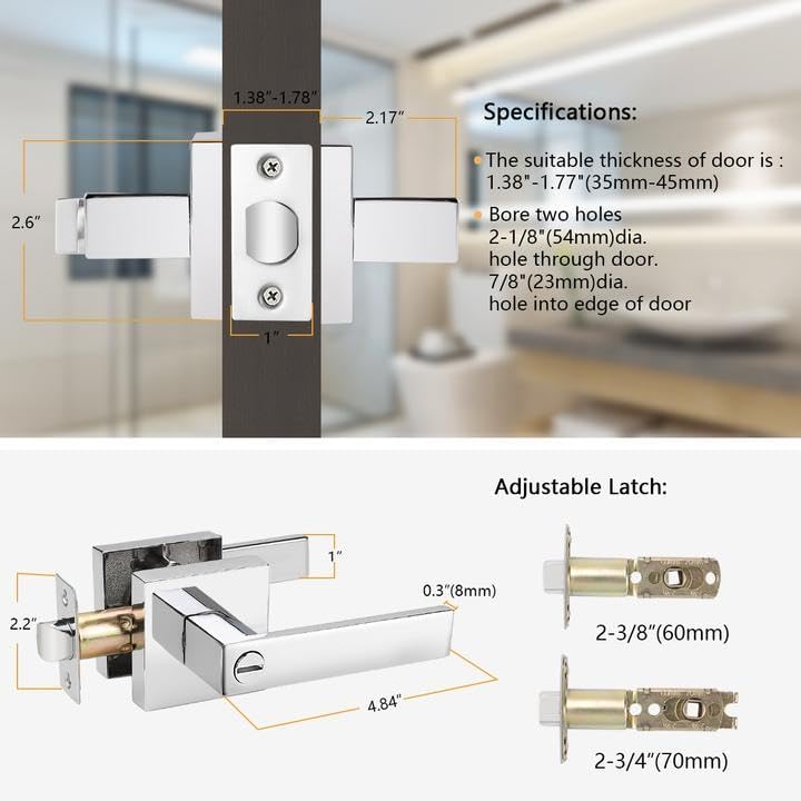 Probrico 2 Pack Privacy Lever Door Handles Square Locking Leverset [for Bedroom or Bathroom] Reversible for Right & Left Sided Doors Heavy Duty - Polished Chrome