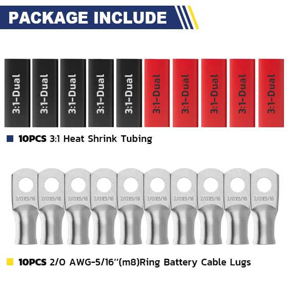haisstronica 10pcs 2/0 AWG - 5/16"(M8) Tinned Copper Battery Lugs, Heavy Duty Wire Lugs with 10pcs 3:1 Adhesive Heat Shrink Tubing, 00 Gauge Wire Lugs, Tinned Copper Battery Cable Ends