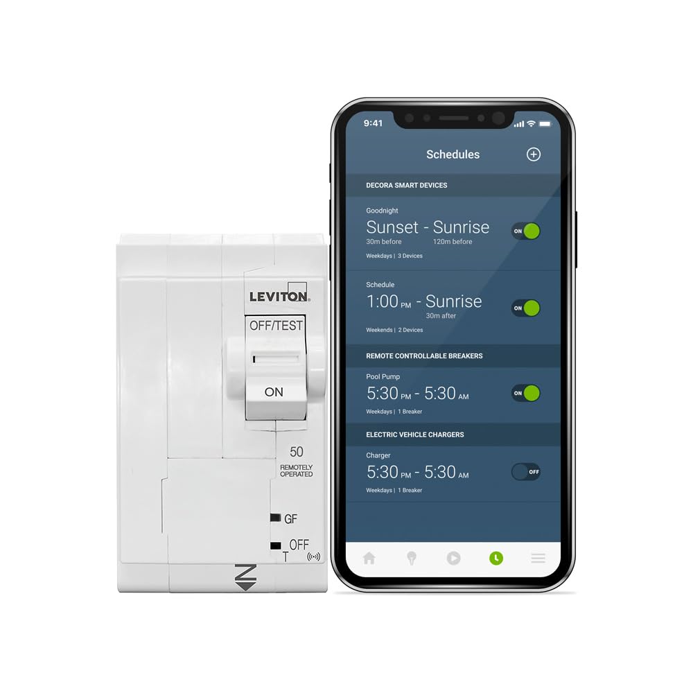 Leviton 2nd Gen Smart Circuit Breaker with Remote Control, GFPE, 2-Pole 50 Amp, 120/240-Volt and 120/208-Volt, 10kA Interrupt Rating, LB250-EST