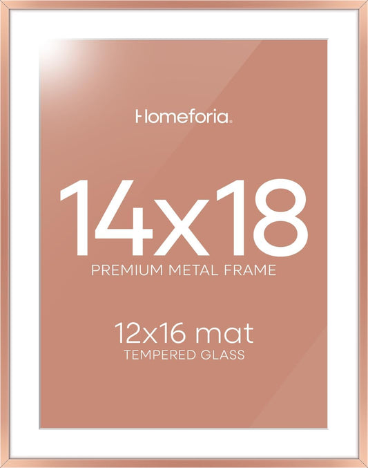 Homeforia 14x18 Picture Frame Rose Gold, High End Metal 14x18 Poster Frames with Mat 12x16 Photo, 14 x 18 Rose Gold Frame Matted to 12 by 16 Print, 18x14 Thin Frame, Tempered Glass, Wall Kit, Set of 1