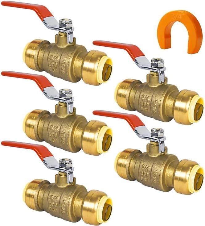 (Pack of 5) AB 3/4 Inch Push to Connect Ball Valve, 3/4 Inch Water Shut Off Valve with Disconnect Clip, Full Port Push Fit Ball Valve for Copper, CPVC,PE-RT and PEX Pipe, UPC Certified