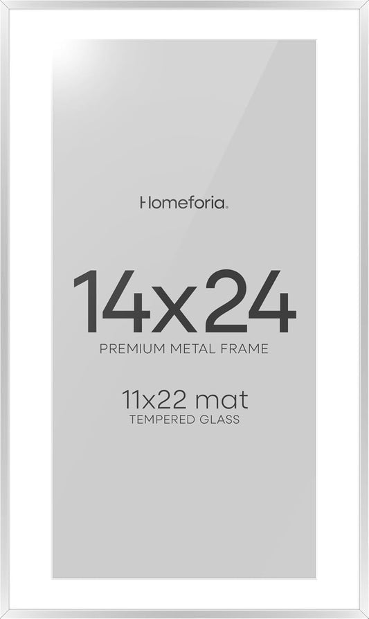 Homeforia 14x24 Picture Frame Silver, High End Metal 14x24 Frames with Mat 11x22 for Photo, 14 x 24 Silver Poster Frame Matted to 11 x 22 Print, 24x14 Hanging Frame, Tempered Glass, Wall Kit, Set of 1