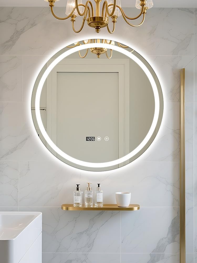 24" Round LED Bathroom Mirror with Anti-Fog & Touch Switch - 60x60cm Wall-Mounted Makeup Vanity Mirror, No Drilling Required, Smart Display Bathroom Mirror