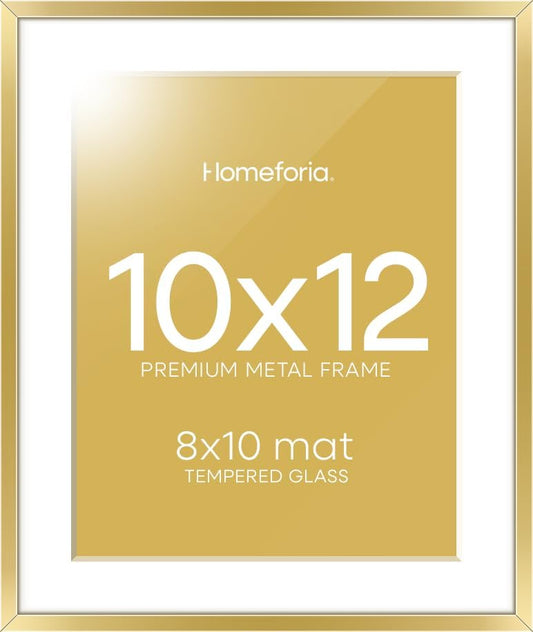 Homeforia 10x12 Picture Frame Gold, High End Metal 10x12 Poster Frames with Mat for 8x10, 10 x 12 Gold Frame Matted to 8 x 10 inch Photo, 10by12 Thin Hanging Frames, Tempered Glass, Wall Kit, Set of 1