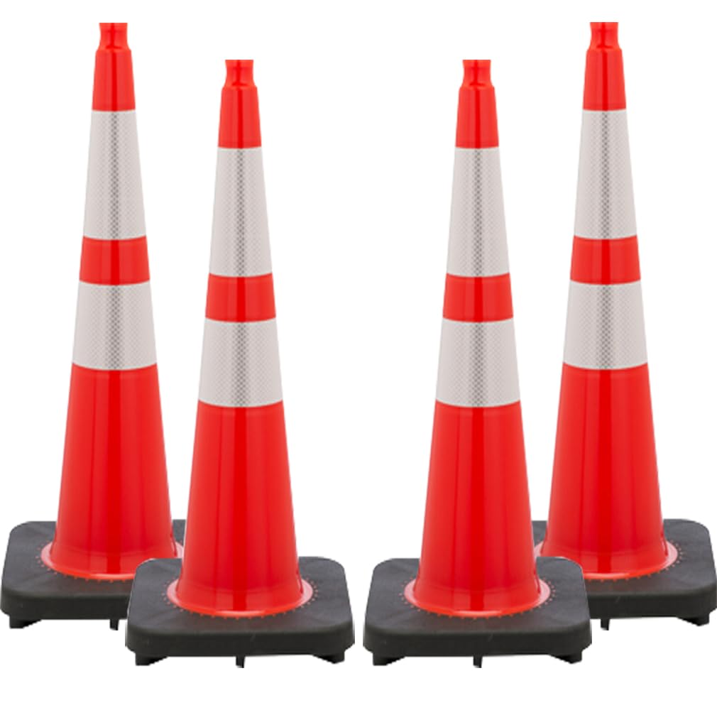 (4 Cones) BESEA 36” inch Orange PVC Traffic Cones, Black Base Construction Safety Cones Road Parking Cone Structurally Stable Wearproof (36" Height)