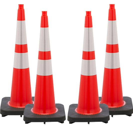 (4 Cones) BESEA 36” inch Orange PVC Traffic Cones, Black Base Construction Safety Cones Road Parking Cone Structurally Stable Wearproof (36" Height)